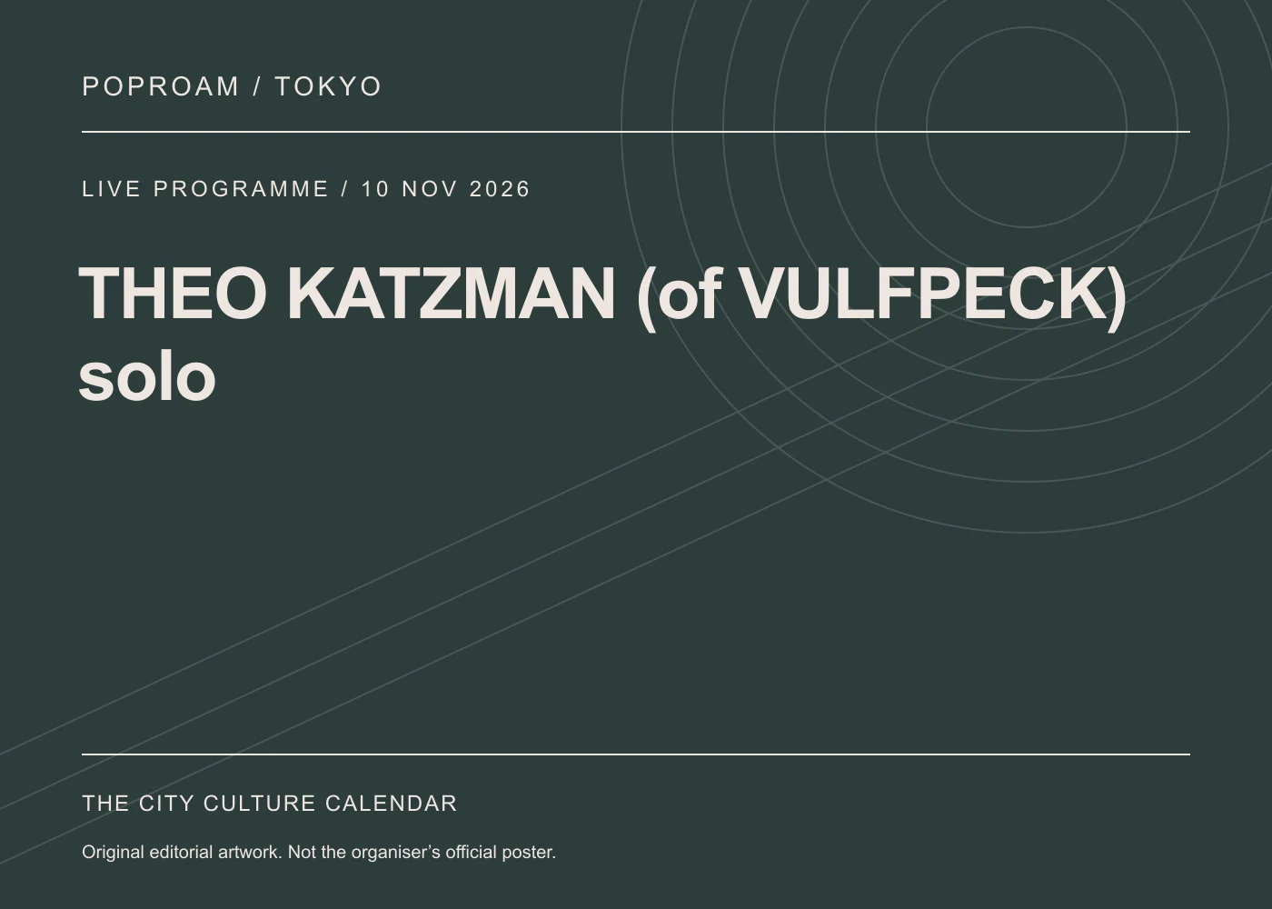 Original editorial programme artwork for THEO KATZMAN (of VULFPECK) solo. This is not the organiser’s official poster.