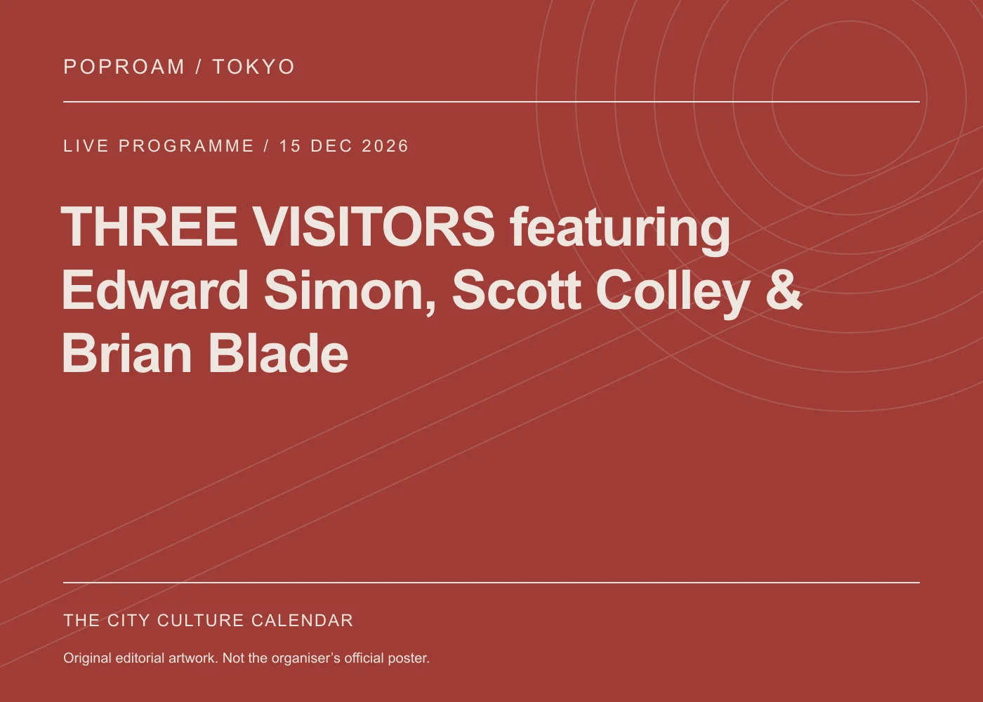 Original editorial programme artwork for THREE VISITORS featuring Edward Simon, Scott Colley & Brian Blade. This is not the organiser’s official poster.