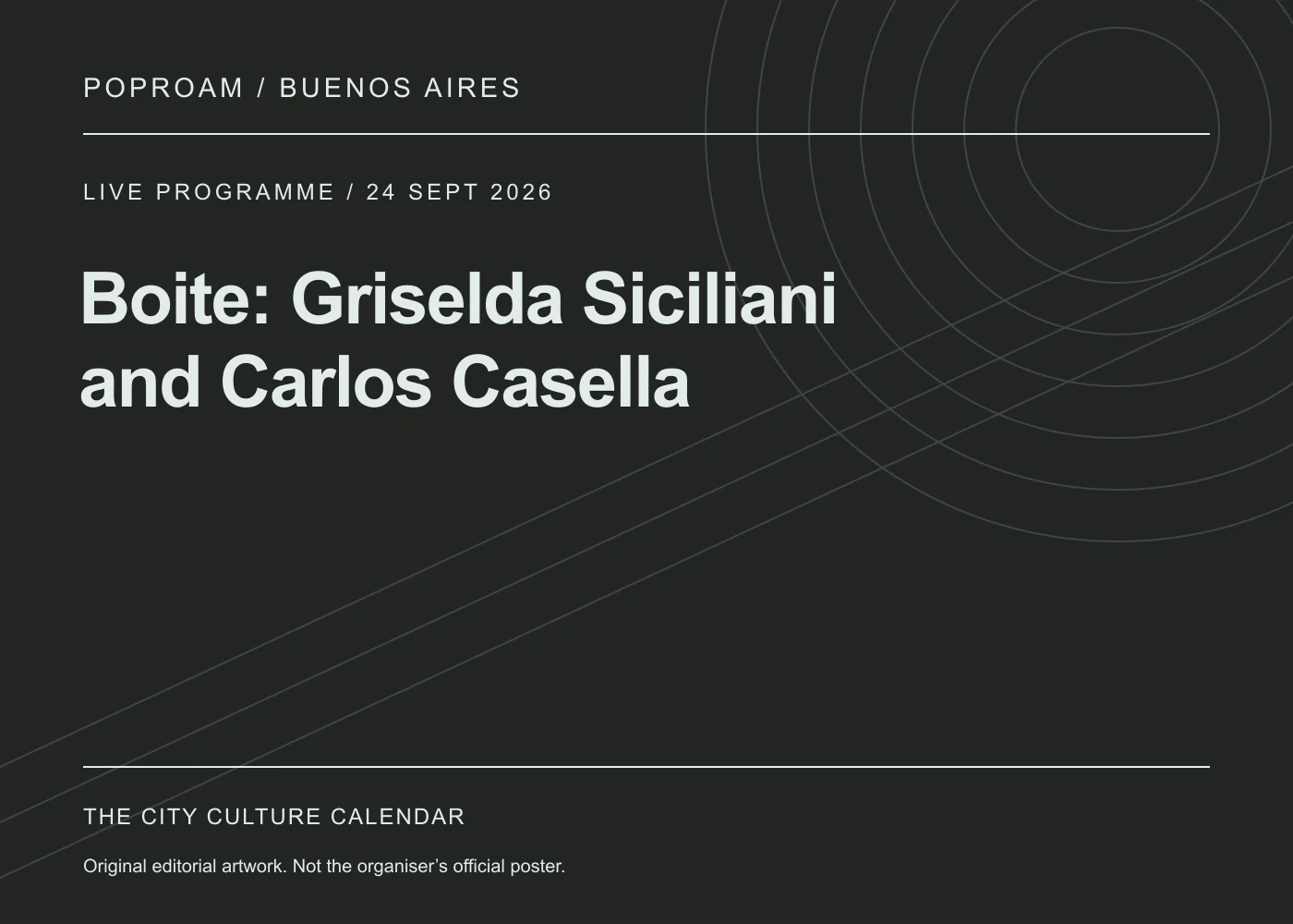 Original editorial programme artwork for Boite: Griselda Siciliani and Carlos Casella. This is not the organiser’s official poster.