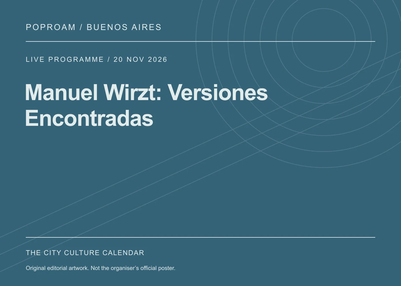 Original editorial programme artwork for Manuel Wirzt: Versiones Encontradas. This is not the organiser’s official poster.