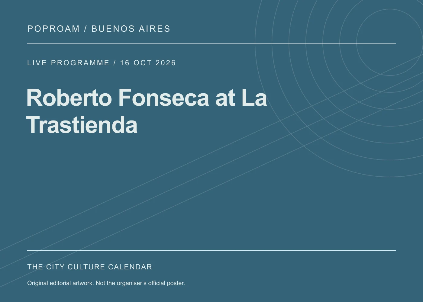 Original editorial programme artwork for Roberto Fonseca at La Trastienda. This is not the organiser’s official poster.
