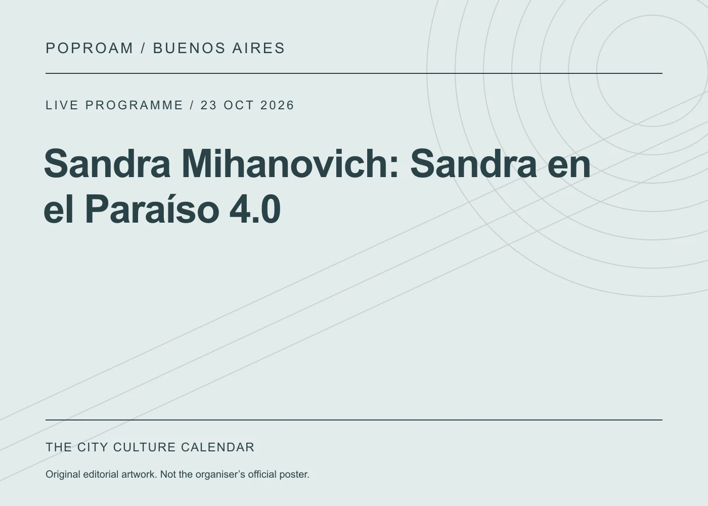 Original editorial programme artwork for Sandra Mihanovich: Sandra en el Paraíso 4.0. This is not the organiser’s official poster.