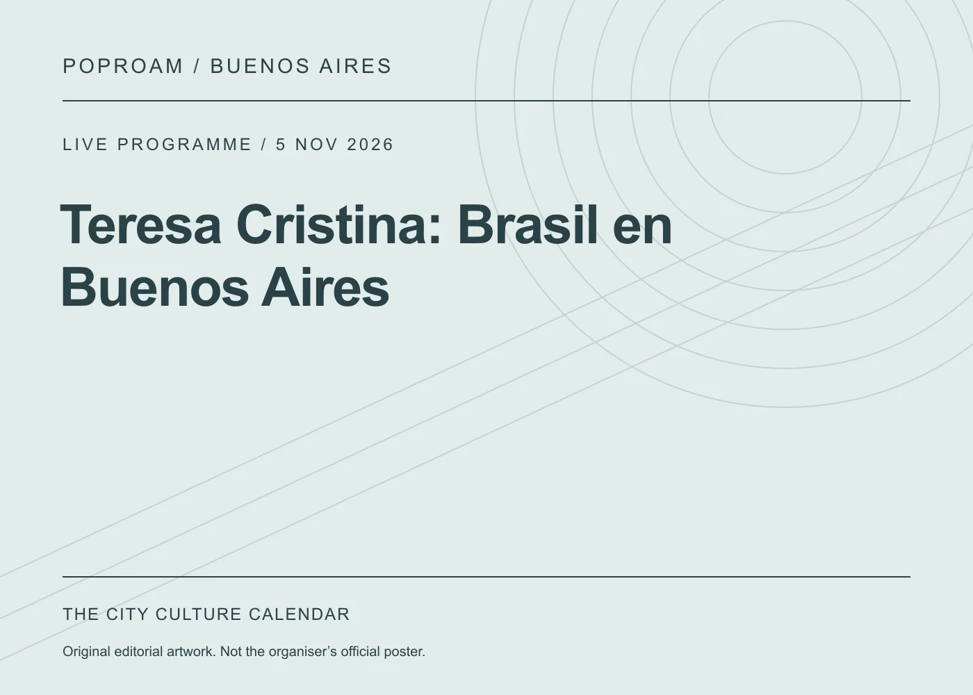 Original editorial programme artwork for Teresa Cristina: Brasil en Buenos Aires. This is not the organiser’s official poster.