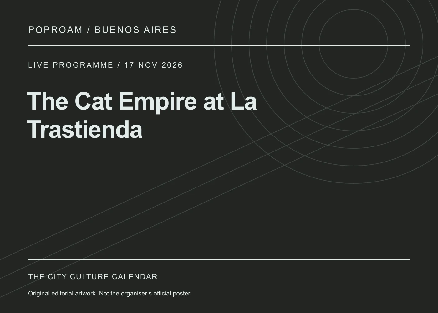 Original editorial programme artwork for The Cat Empire at La Trastienda. This is not the organiser’s official poster.