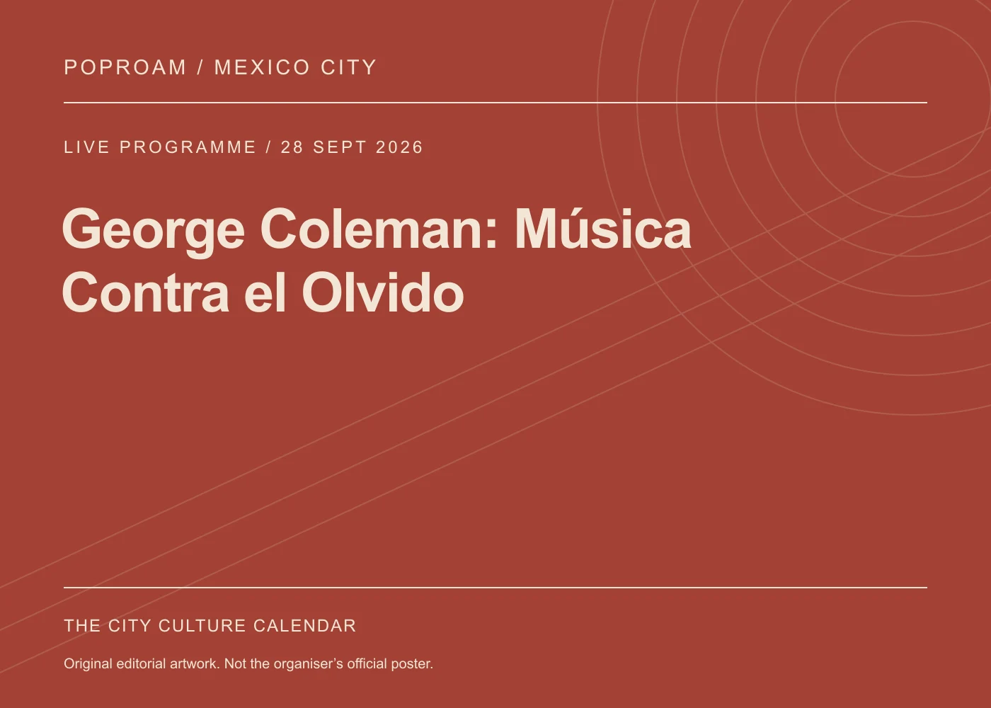 Original editorial programme artwork for George Coleman: Música Contra el Olvido. This is not the organiser’s official poster.