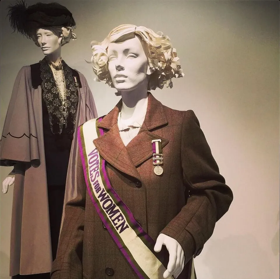 Costumes from Suffragette displayed at the FIDM Museum in 2016, an archival exhibition photograph