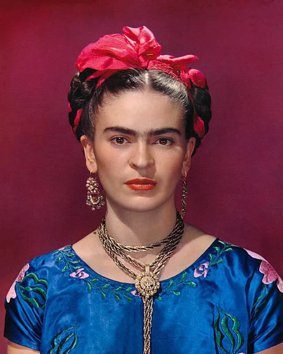 Colour portrait of Frida Kahlo by Nickolas Muray, the official image for Viva Frida.
