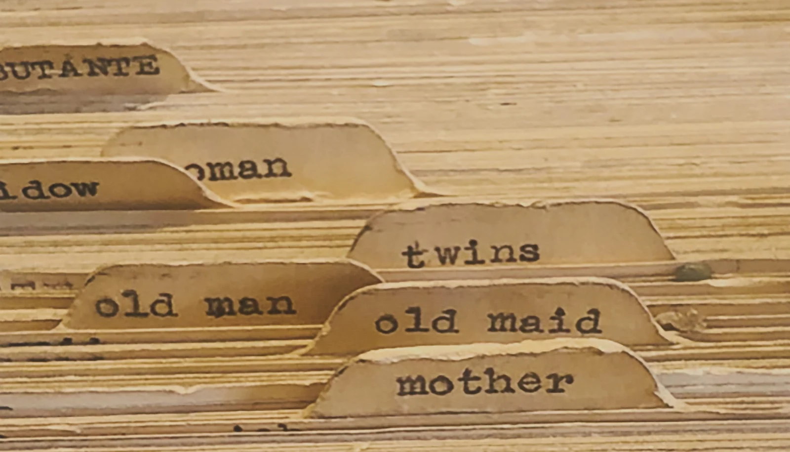 Richard Prince artwork with typed words on file dividers, the official image for Cuéntamelo todo.