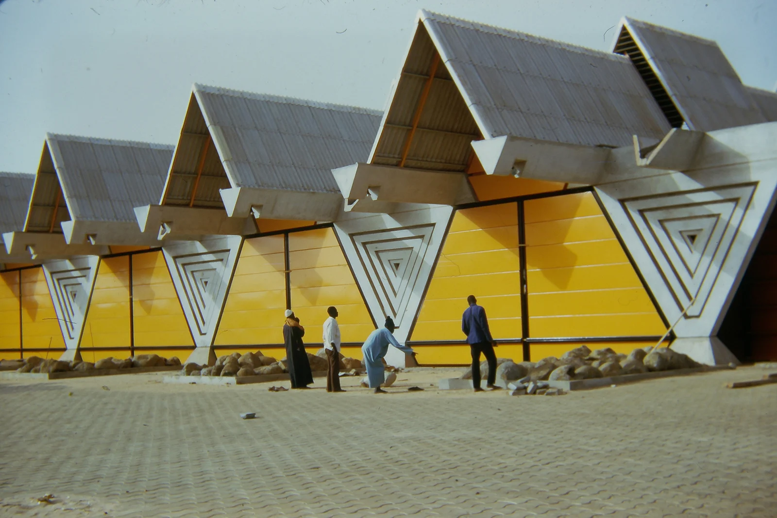 Archive photograph of the angular CICES buildings in Dakar, featured in Architects of Liberation at MoMA.