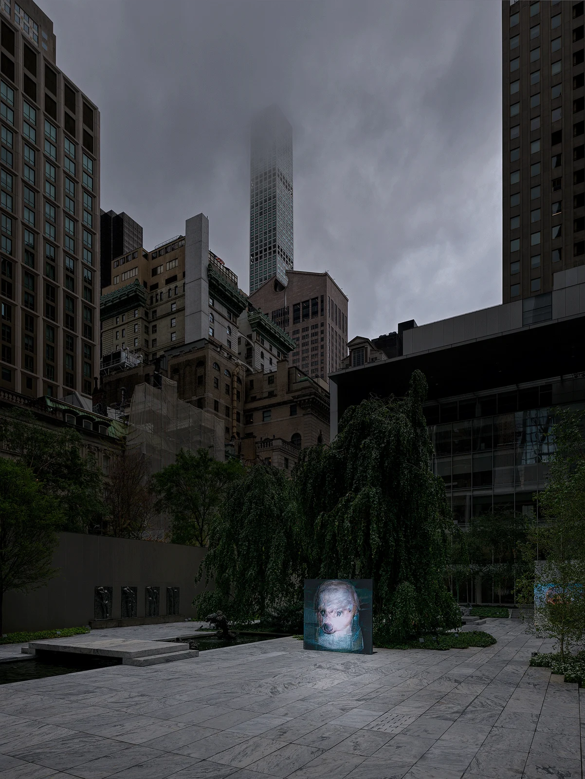 Pierre Huyghe’s UUmwelt screen installed in MoMA’s sculpture garden, 2026.