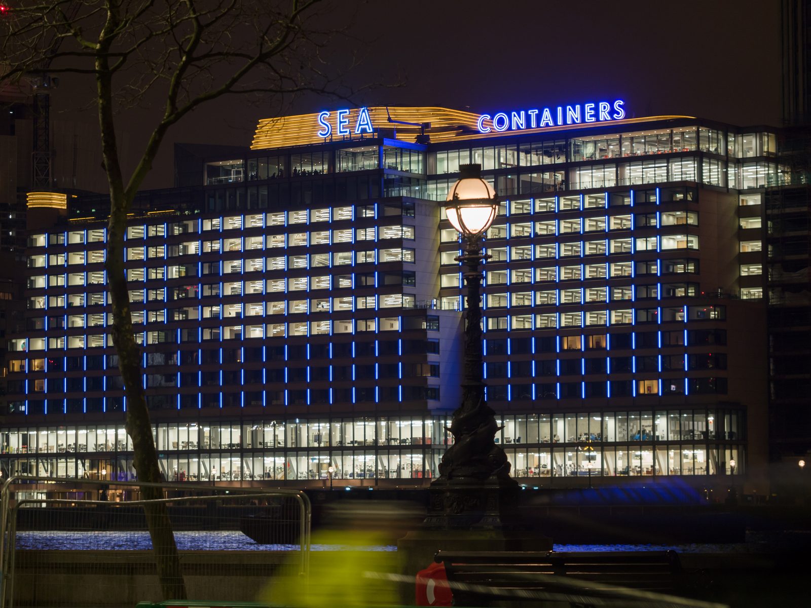 Sea Containers House beside the Thames at night in March 2016, before Lyaness opened