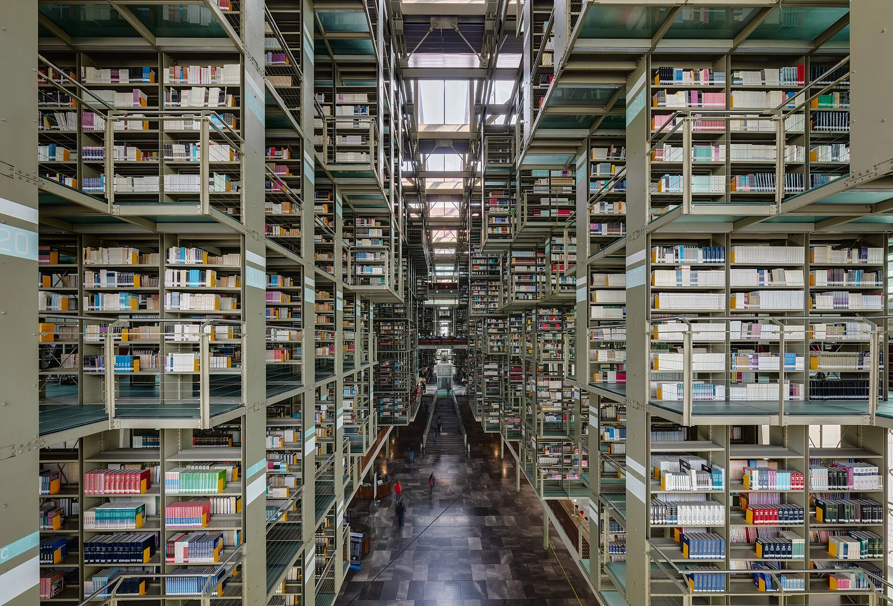 Suspended shelves inside Biblioteca Vasconcelos, photographed in 2015