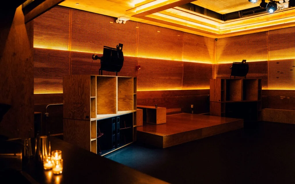 The wood-panelled Sound Room and speaker stacks at Public Records