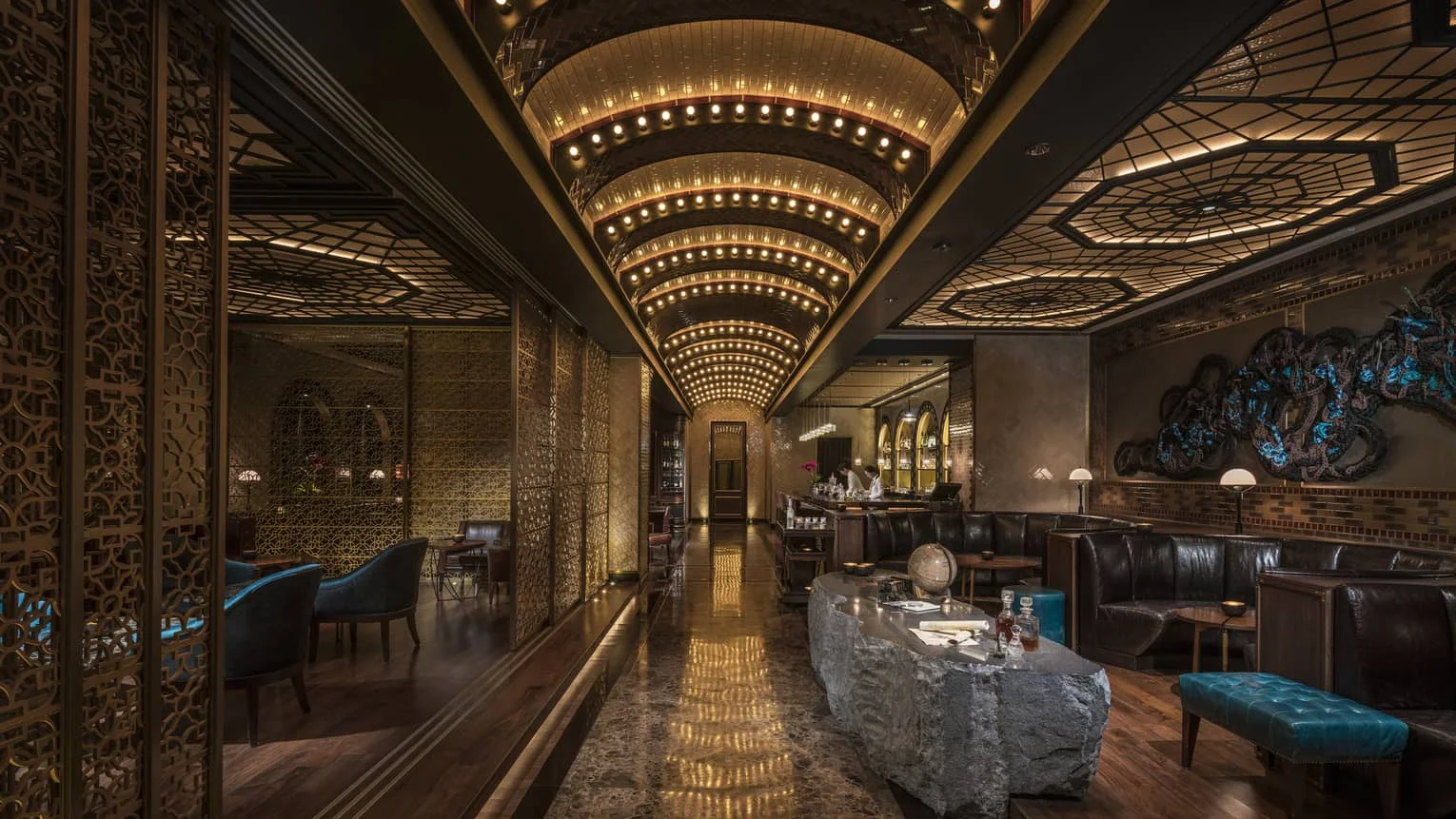 The vaulted ceiling and leather banquettes inside Charles H., from Four Seasons Seoul’s official gallery
