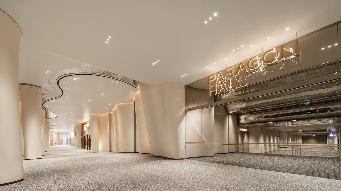 The illuminated entrance to the event halls at Siam Paragon Hall