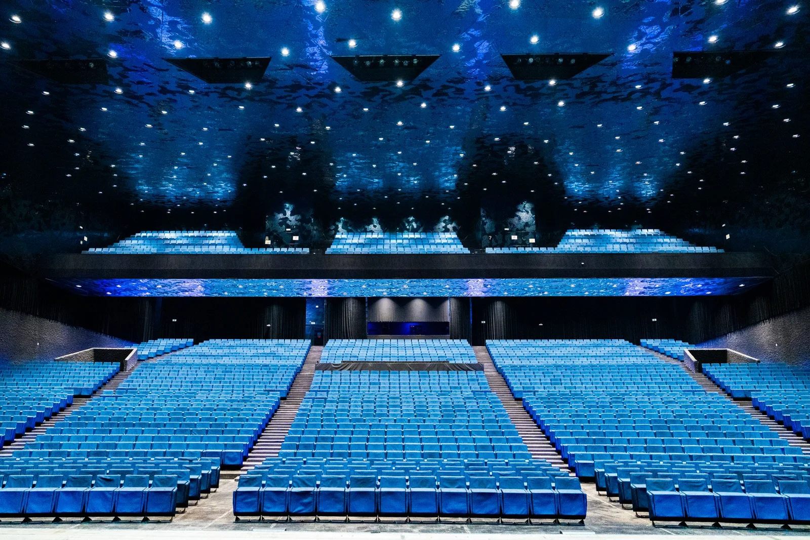 Blue auditorium seats beneath a star-like ceiling of lights at Auditori Fòrum