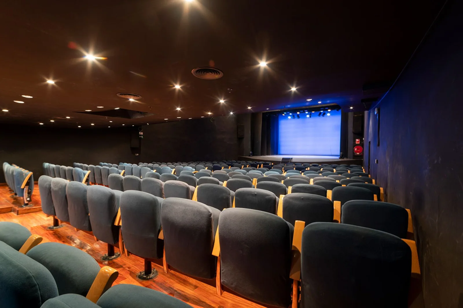 Rows of upholstered seats facing the theatre stage at Teatreneu
