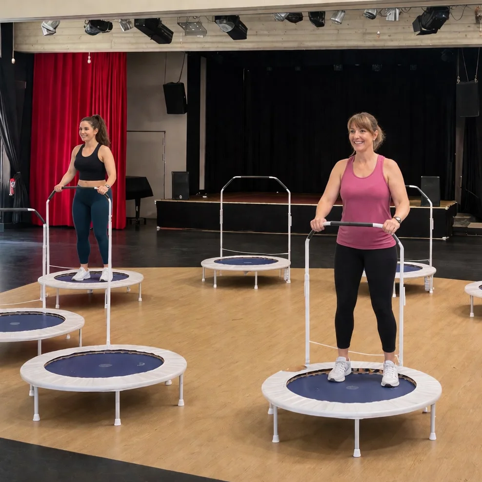 Kulturzentrum Staaken: exercise class in the cultural centre's multipurpose hall, with a small stage behind