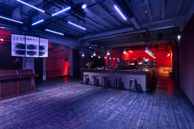 Tresor / Globus: the Globus bar and industrial interior beneath blue lights