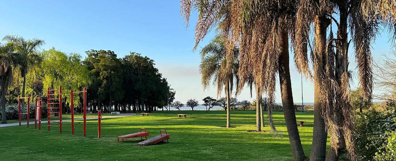 Palm trees and broad lawns beside the waterfront at Parque de los Niños