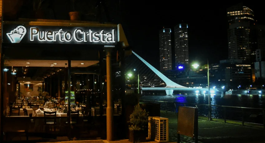 Puerto Cristal: the restaurant entrance beside Puerto Madero's illuminated waterfront
