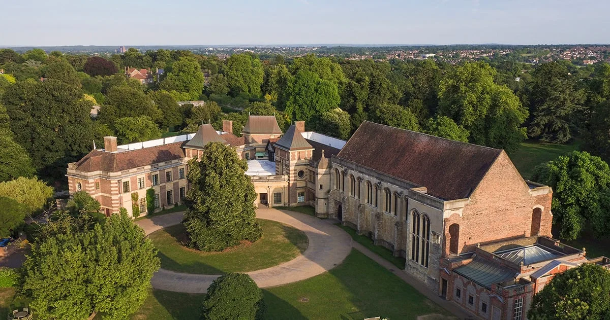 An aerial view of the palace and surrounding gardens at Eltham Palace and Gardens