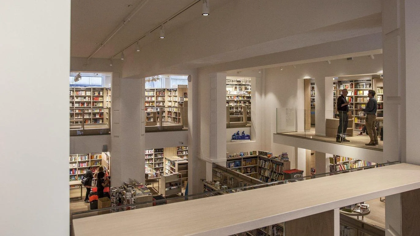 Foyles Charing Cross Road: open floors and bookshelves around the bright central atrium