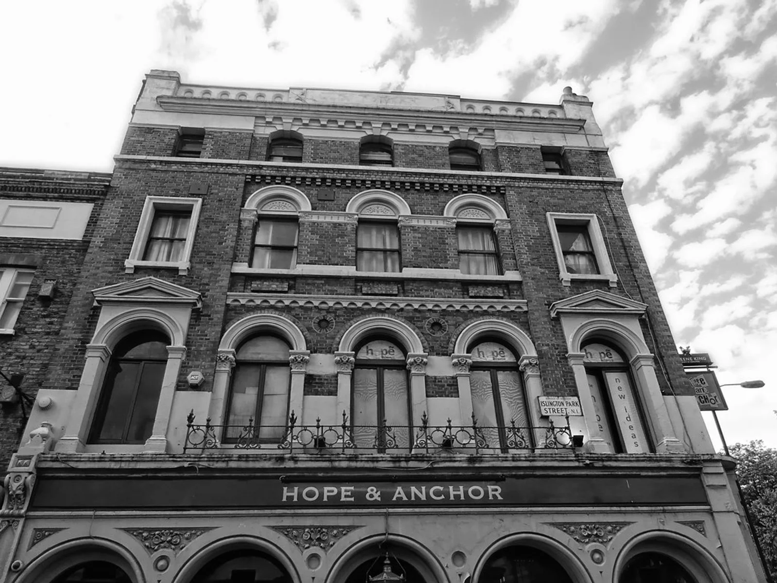 Hope and Anchor, Islington: the pub's ornate brick facade in a black-and-white photograph