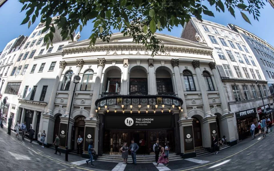 London Palladium: the theatre's ornate entrance facade seen from the street