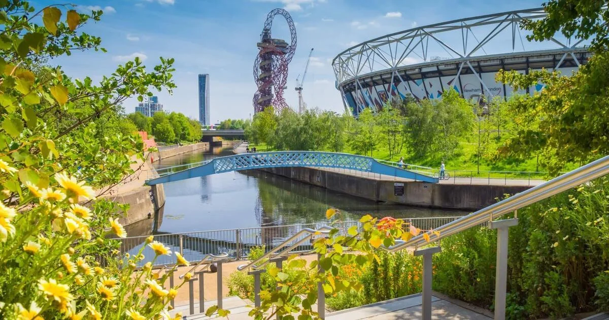 Waterside paths, gardens and the stadium skyline at Queen Elizabeth Olympic Park