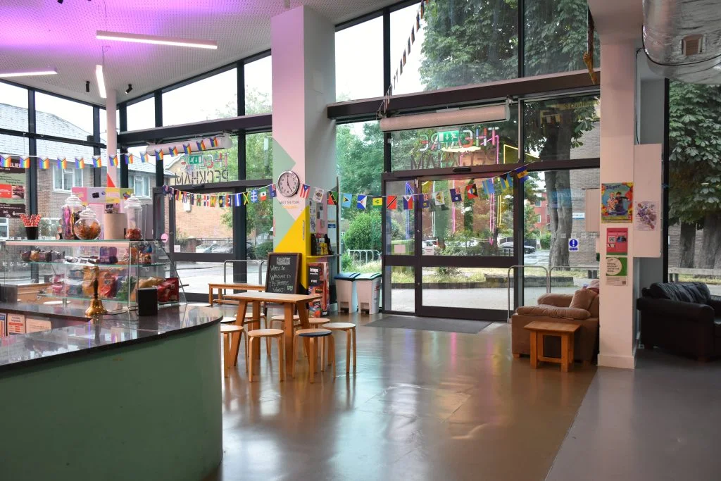 The bright foyer and cafe seating at Theatre Peckham