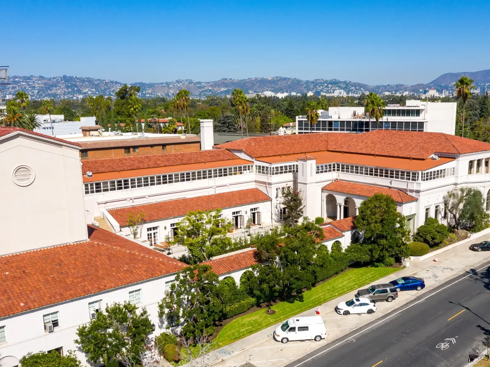 An aerial view of the historic building at The Ebell of Los Angeles