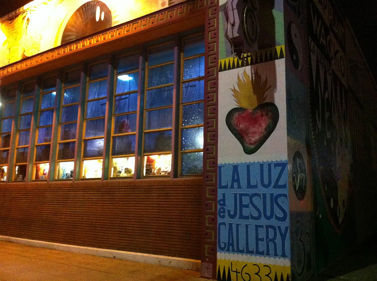La Luz de Jesus Gallery: the gallery's colourful street entrance illuminated after dark