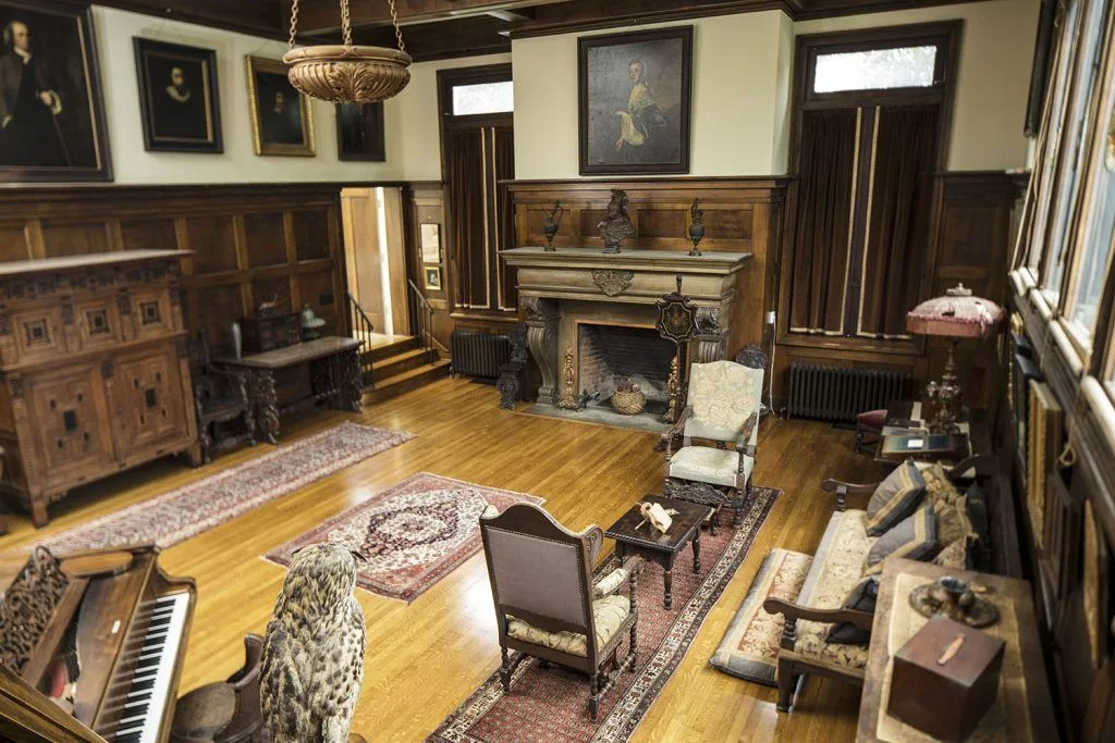 Pasadena Museum of History: historic room with piano and fireplace