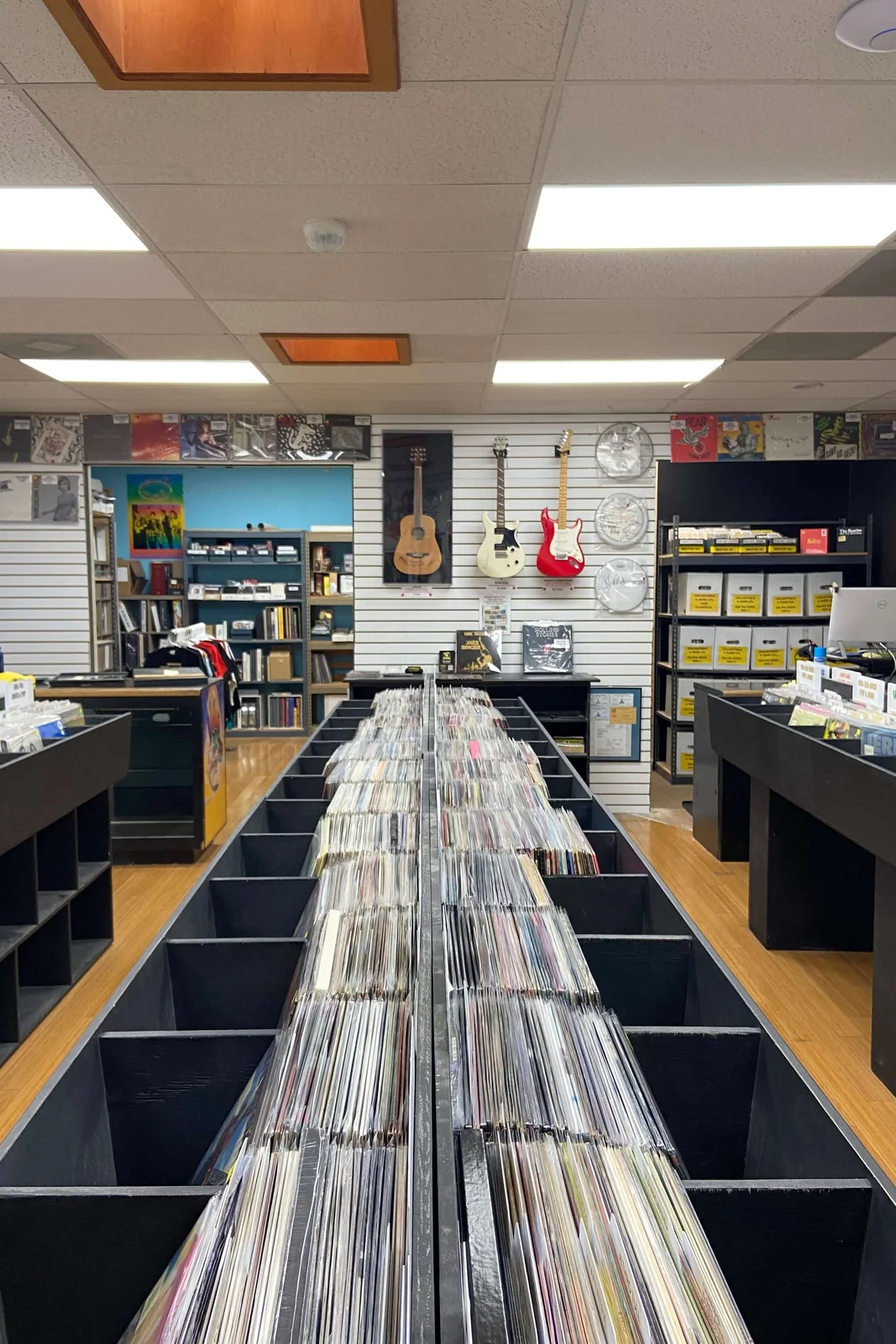 Rows of records in the shop's bright interior at Rockaway Records