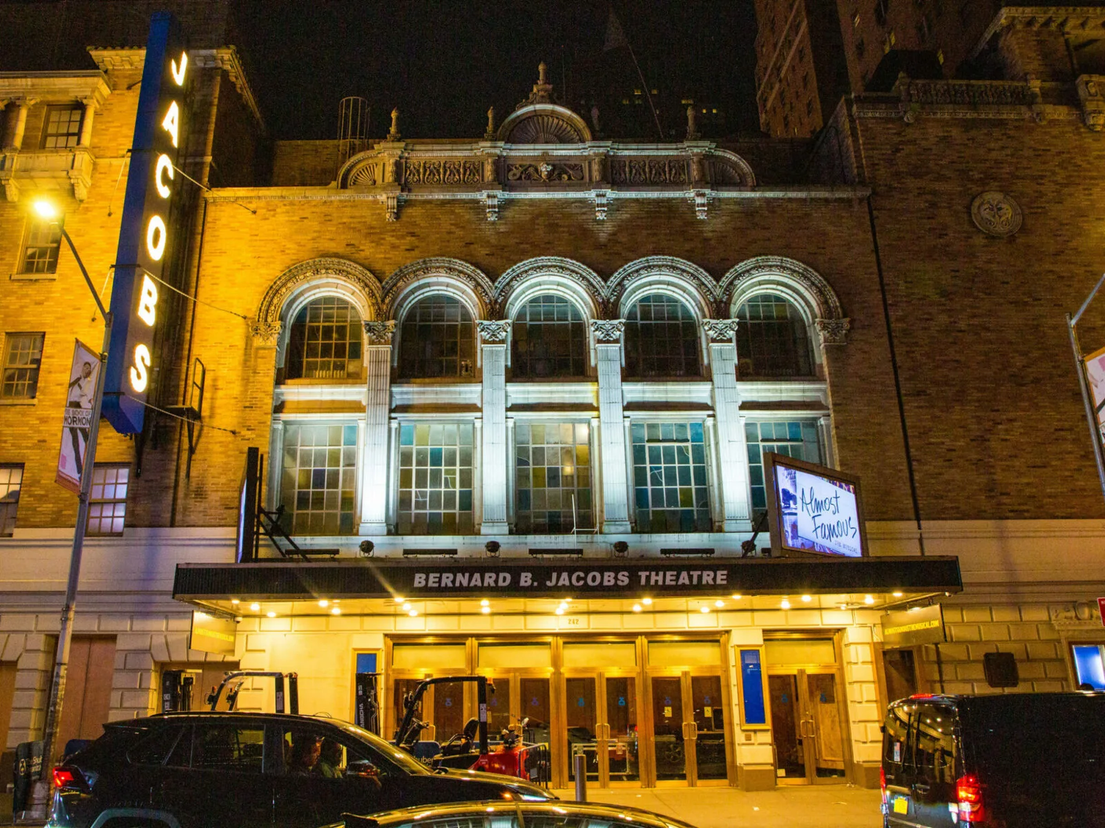 Bernard B. Jacobs Theatre: the illuminated theatre facade and entrance on a New York evening