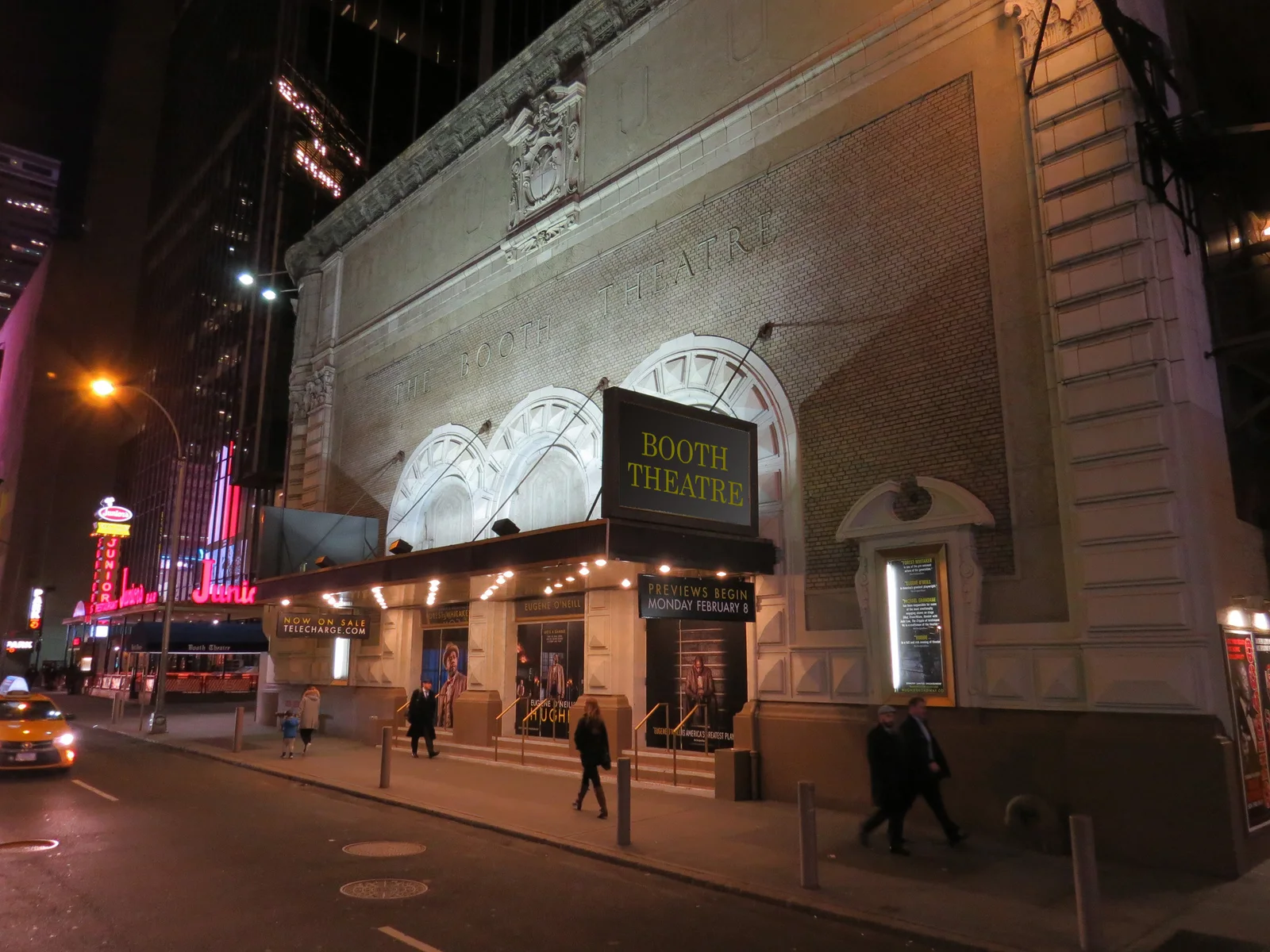 Booth Theatre: the illuminated Broadway theatre entrance at night
