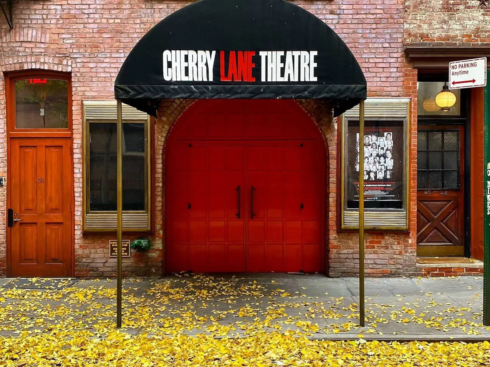 Cherry Lane Theatre: the brick facade and entrance canopy of the Greenwich Village theatre
