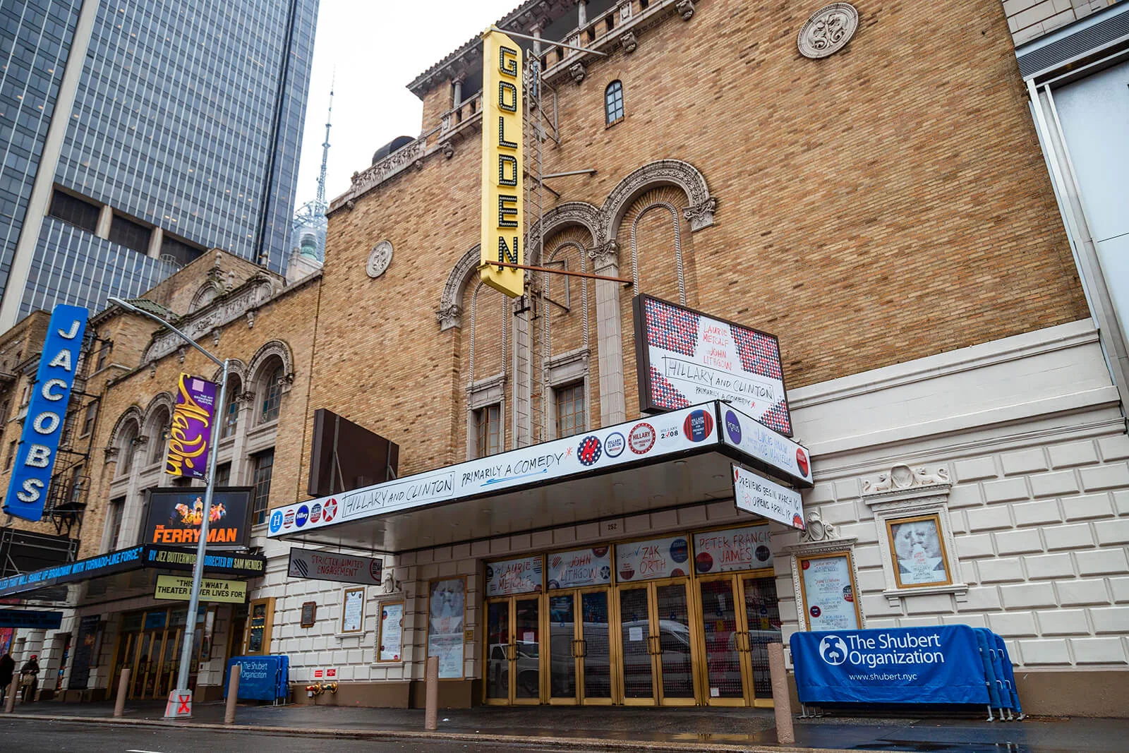 Golden Theatre: the Golden Theatre's brick facade and street marquee