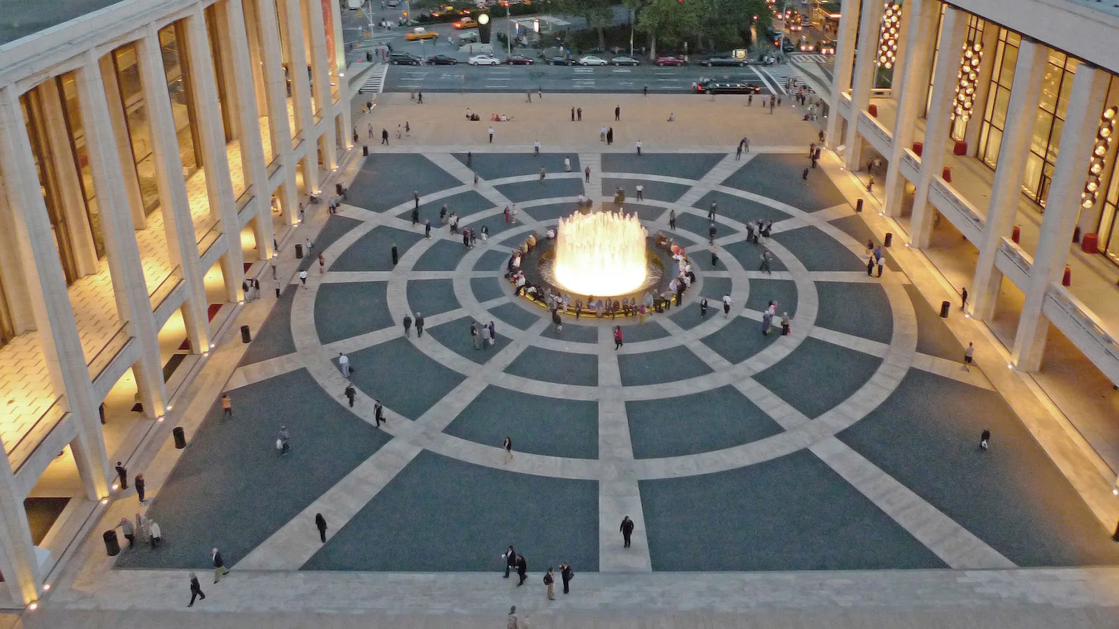An aerial view of the fountain and plaza at Josie Robertson Plaza