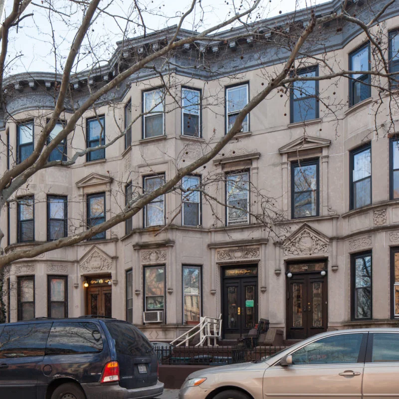 The archive's brownstone building on a residential street at Lesbian Herstory Archives