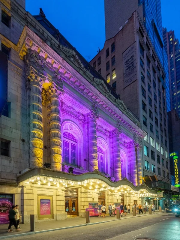 Lyceum Theatre: the theatre's illuminated facade at dusk
