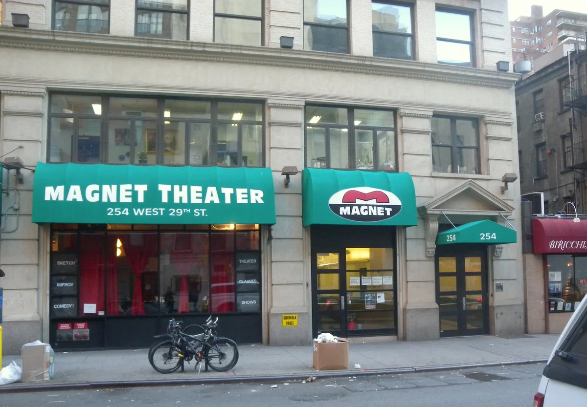 Magnet Theater: the theatre's green entrance canopy on the New York street