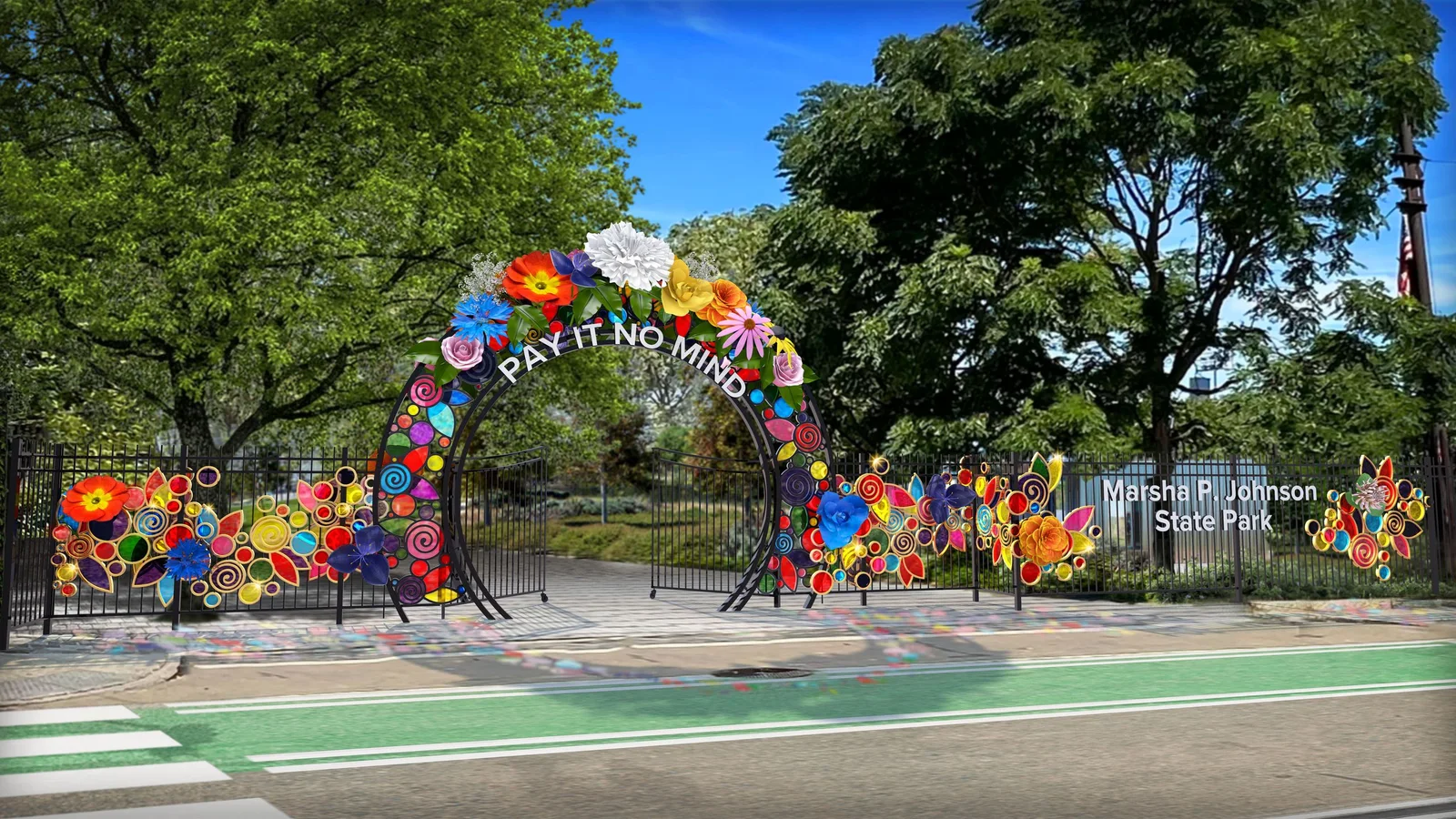 Marsha P. Johnson State Park: the park's colourful floral gateway beneath green trees