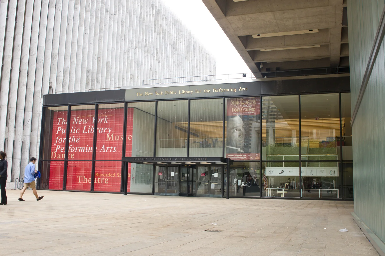 New York Public Library for the Performing Arts: the library's glass entrance beneath the Lincoln Center colonnade