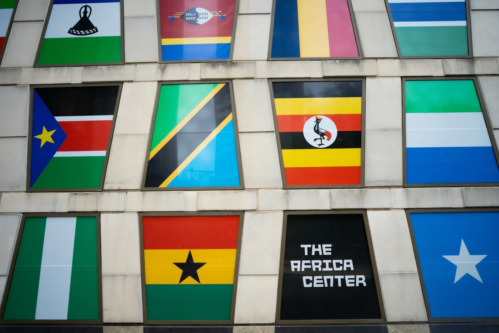 The Africa Center: centre facade with national flags