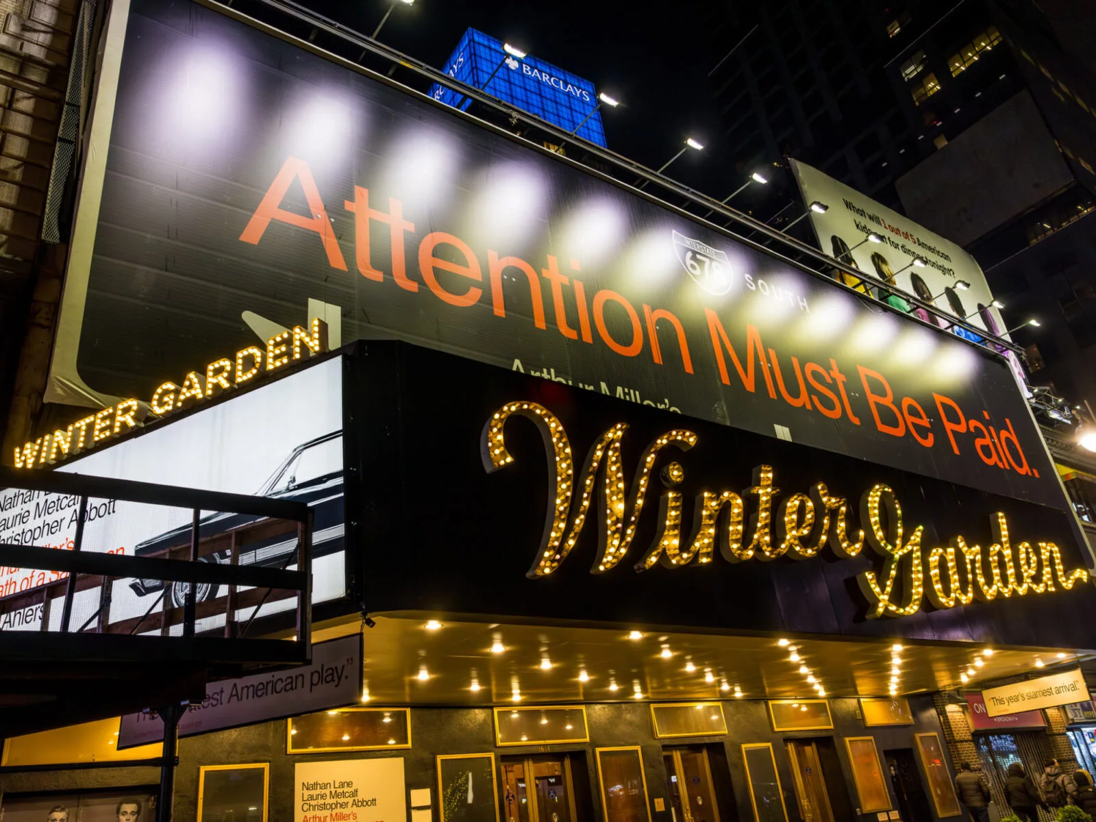 Winter Garden Theatre: the illuminated Broadway theatre marquee at night