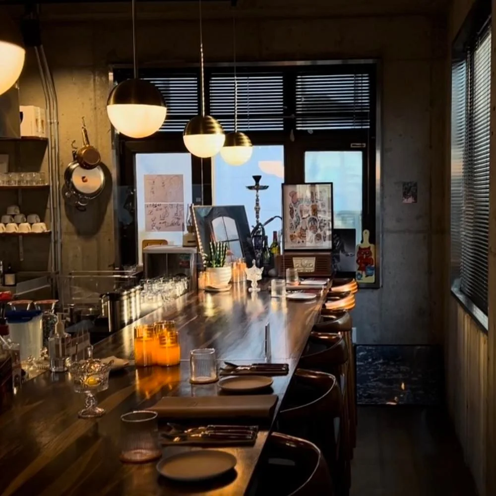 Chez Nous Private Kitchen: dining counter and pendant lights