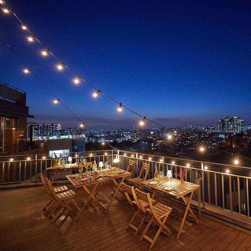 Egg & Flour: rooftop dining terrace at dusk