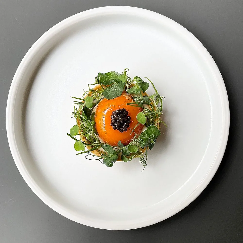 Exquisine: plated vegetables and egg yolk
